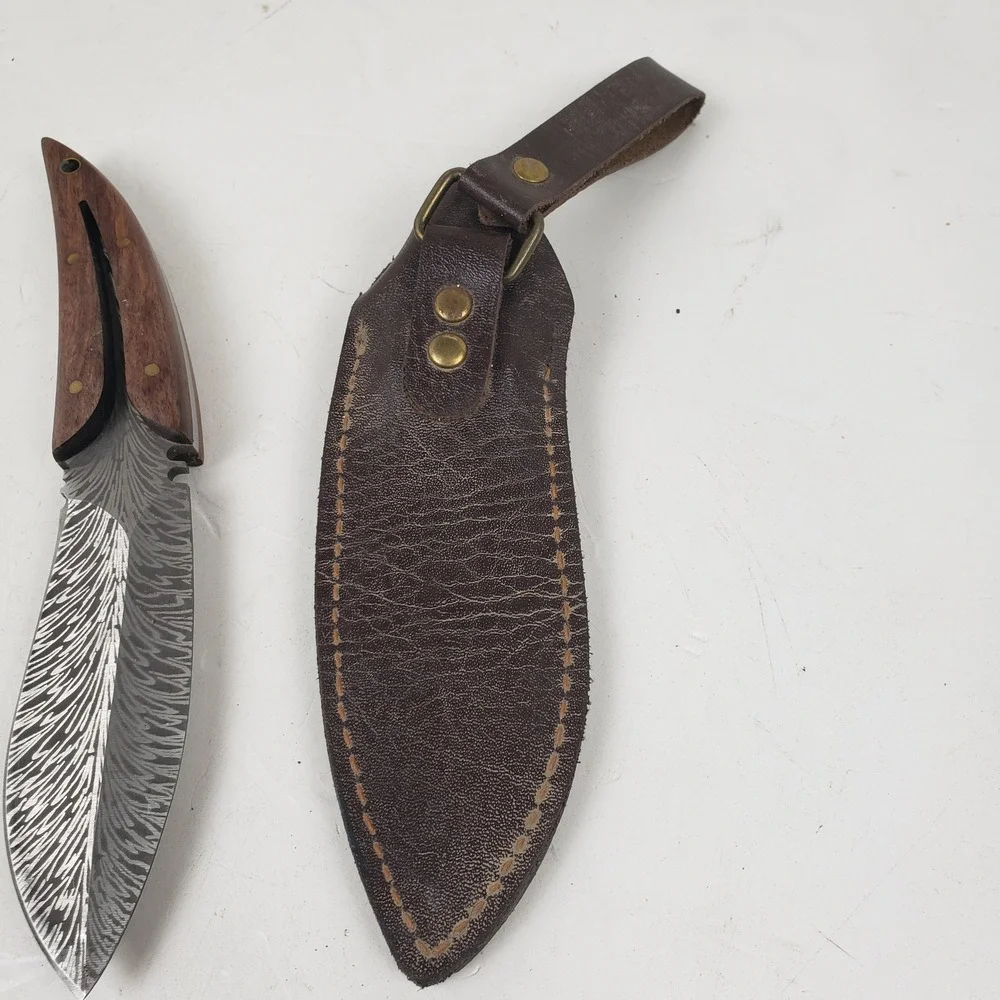 Custom Damascus Steel Feather Blade Hunting Knife Wood Handle Leather Sheath 8in